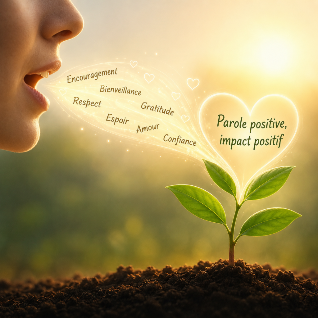 Illustration symbolique de la parole positive nourrissant une jeune plante avec des mots bienveillants et inspirants.