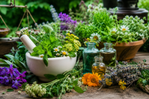 Plantes médicinales naturelles avec herbes fraîches, fleurs et flacons d’extraits sur une table en bois rustique