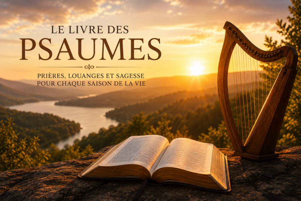Le Livre des Psaumes avec une harpe au coucher du soleil dans un paysage spirituel apaisant