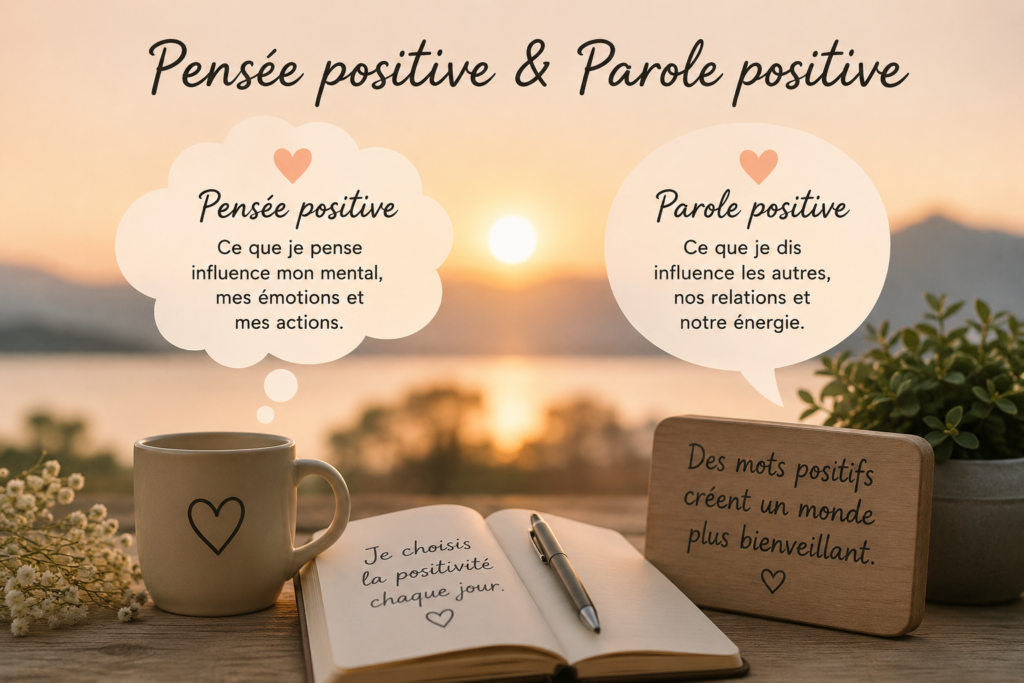 Pensées positives et paroles positives avec message inspirant et ambiance apaisante au coucher du soleil