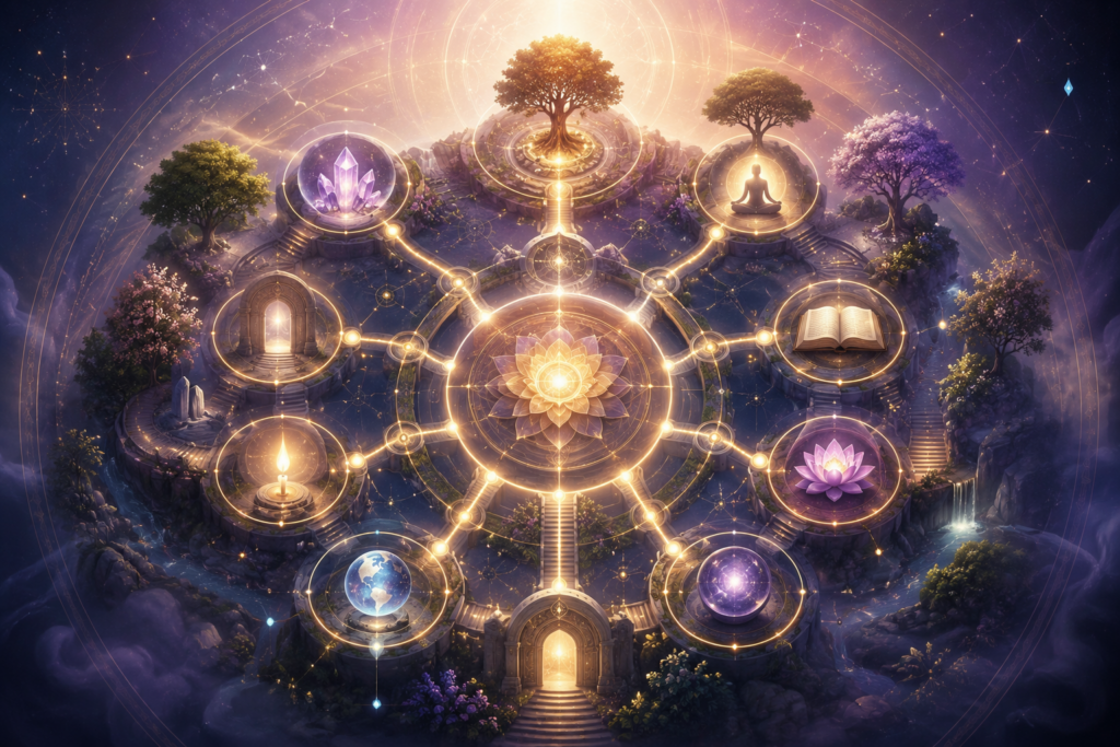 Illustration mystique et spirituelle représentant le plan du site avec des chemins lumineux et des catégories reliées dans un univers cosmique.